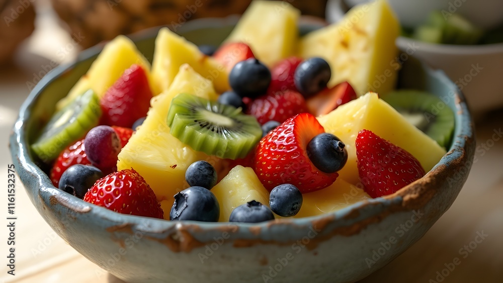 Vibrant Tropical Fruit Salad, Juicy Pineapple, Sliced Strawberries, Blueberries & Kiwi in Rustic Bowl Vibrant Tropical Fruit Salad, Juicy Pineapple, Sliced Strawberries, Blueberries & Kiwi in Rustic Bowl