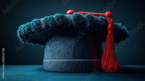 Blue doctoral graduation cap with red tassel.