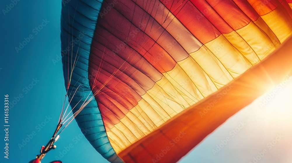 Fototapeta premium Colorful paragliding wing soaring in a clear blue sky.