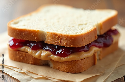 A classic peanut butter and jelly sandwich with creamy peanut butter and grape jelly