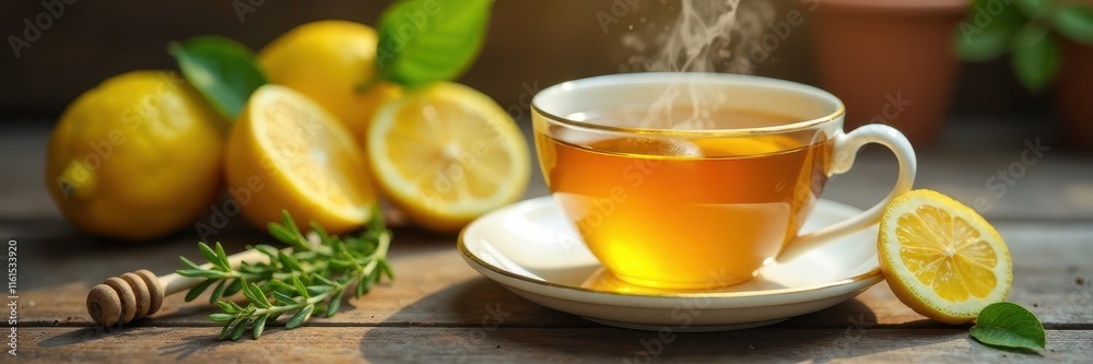 Golden tea flows into white teacup; nearby, lemons, thyme, honey pot , calm, ingredients Golden tea flows into white teacup; nearby, lemons, thyme, honey pot , calm, ingredients