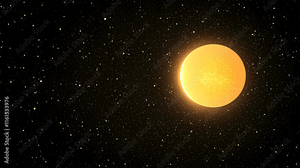 Fototapeta premium Bright big yellow sun in space constellation stars rays of solar light heat on dark in dark outer space. Solarian. Illustration