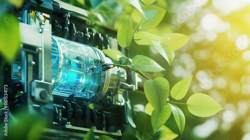 close up of hydrogen fuel cell integrated with green leaves, showcasing innovation in sustainable energy. image captures harmony between technology and nature, emphasizing eco friendly solutions