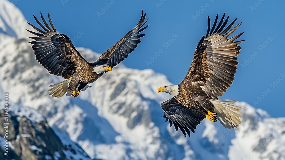 Obraz premium Two Bald Eagles Soaring Over Snowy Mountains