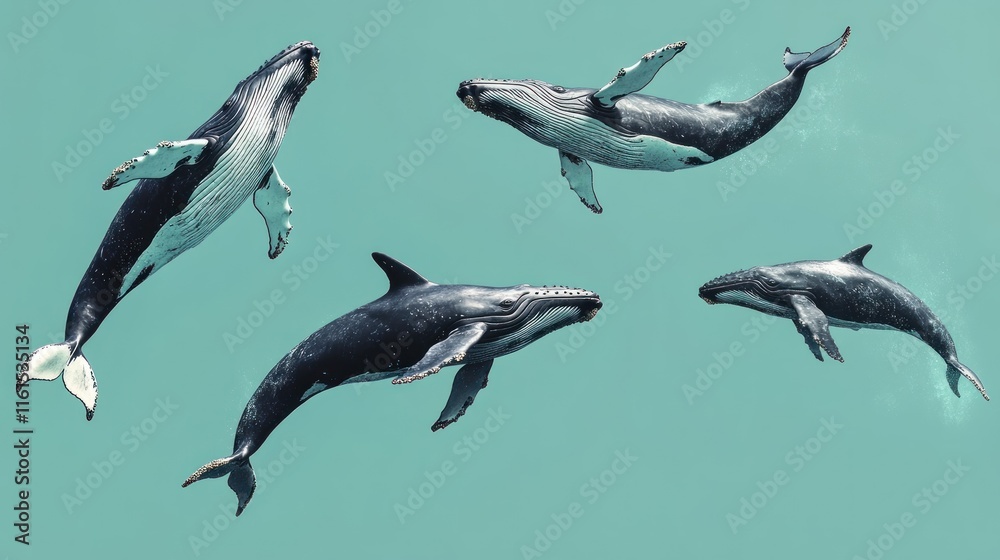 Fototapeta premium Four humpback whales swimming underwater, various poses.