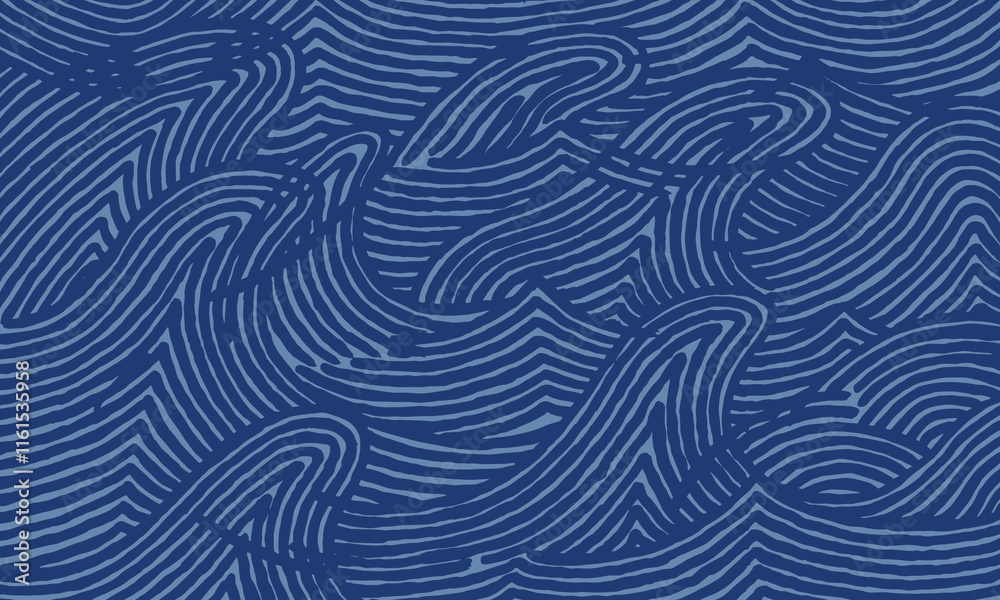 Crafted hand drawn wave brush line abstract pattern, Japanese and ethnic inspired tribal wood carving, engraving textured background, minimal folk wood block style graphic for carpet, textile