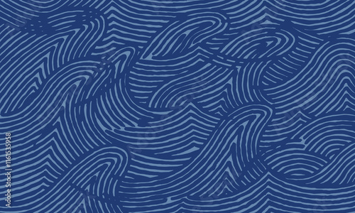 Crafted hand drawn wave brush line abstract pattern, Japanese and ethnic inspired tribal wood carving, engraving textured background, minimal folk wood block style graphic for carpet, textile