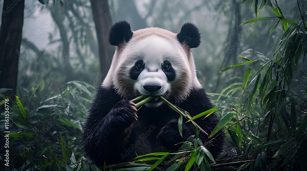 Naklejka premium Giant Panda Eating Bamboo In Misty Forest