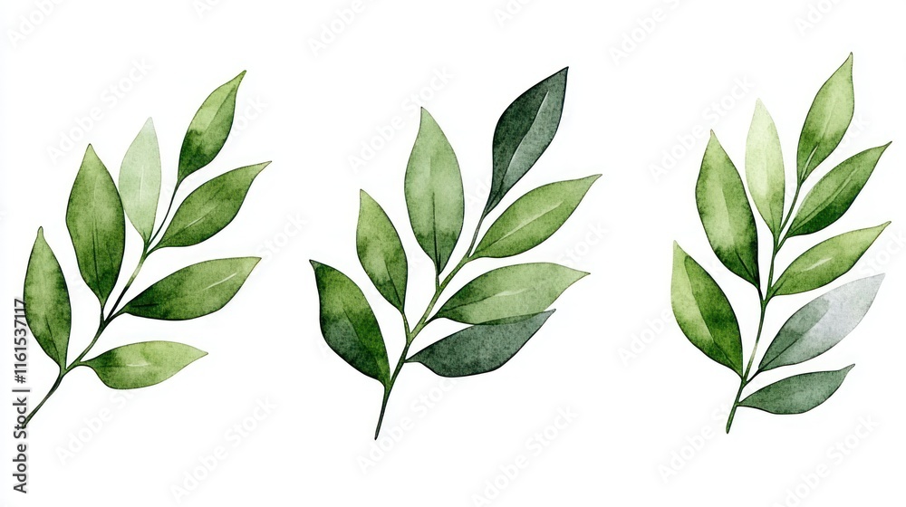 Naklejka premium Green Leaves Watercolor Seamless Pattern on White Background