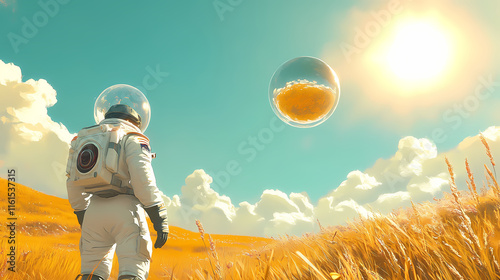 A lone astronaut in a white spacesuit with a clear bubble helmet stands in a golden field, looking towards a reflective orb floating in the sky, with a bright sun high above. Solarian. Illustration photo