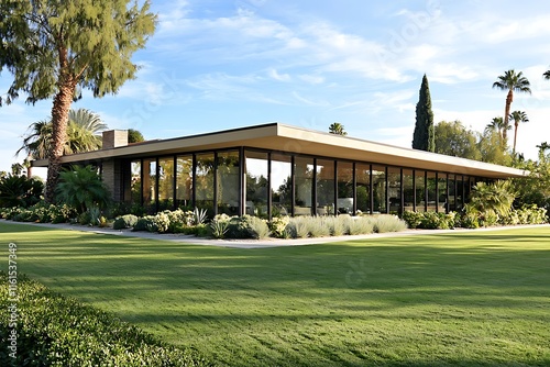 Exterior view a mid-century modern home with a flat roof, large windows, and a well-manicured front yard. photo