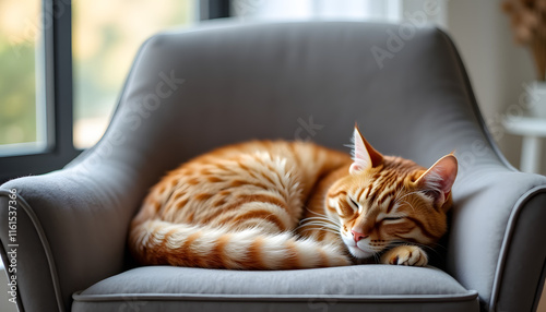 A fluffy red cat curled up, sleeping on a large gray velvet chair