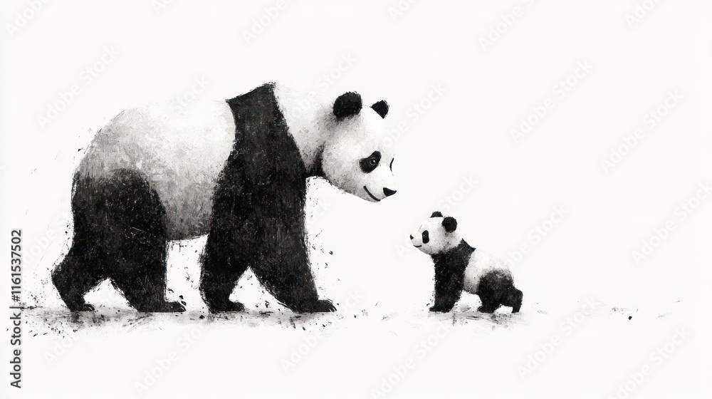 Mother and Baby Panda Walking in Black and White Graphic Isolated on White Background