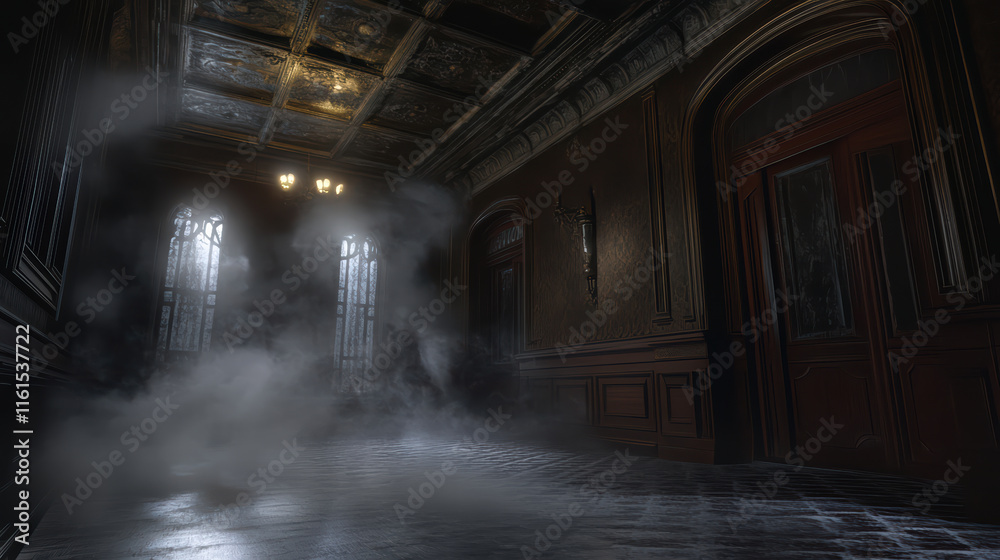 Fototapeta premium Dense mist swirling in dark room creates eerie atmosphere, enhancing depth and mystery of space. intricate details of architecture add to haunting ambiance