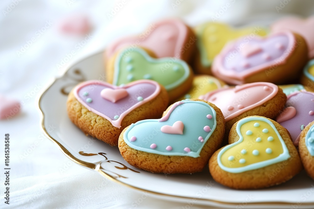 Pastel Heart Shaped Cookies On A Plate Pastel Heart Shaped Cookies On A Plate