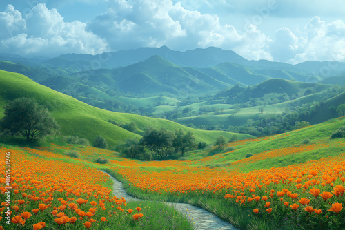 Photo réaliste professionnelle d’une prairie pittoresque de campagne avec un chemin sinueux, des fleurs éclatantes en pleine floraison, et des collines ondulantes en arrière-plan