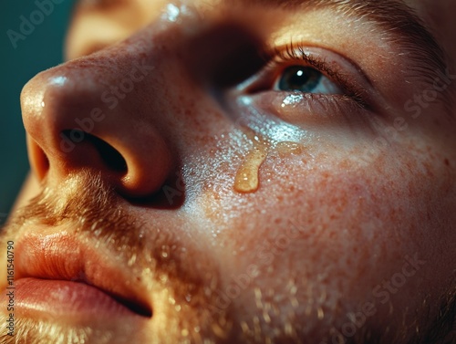 Man with tearful eyes, close-up image for emotional or health themes