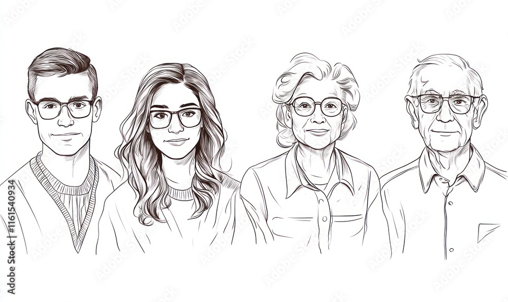 Four generations family portrait, sepia sketch. Four generations family portrait, sepia sketch.