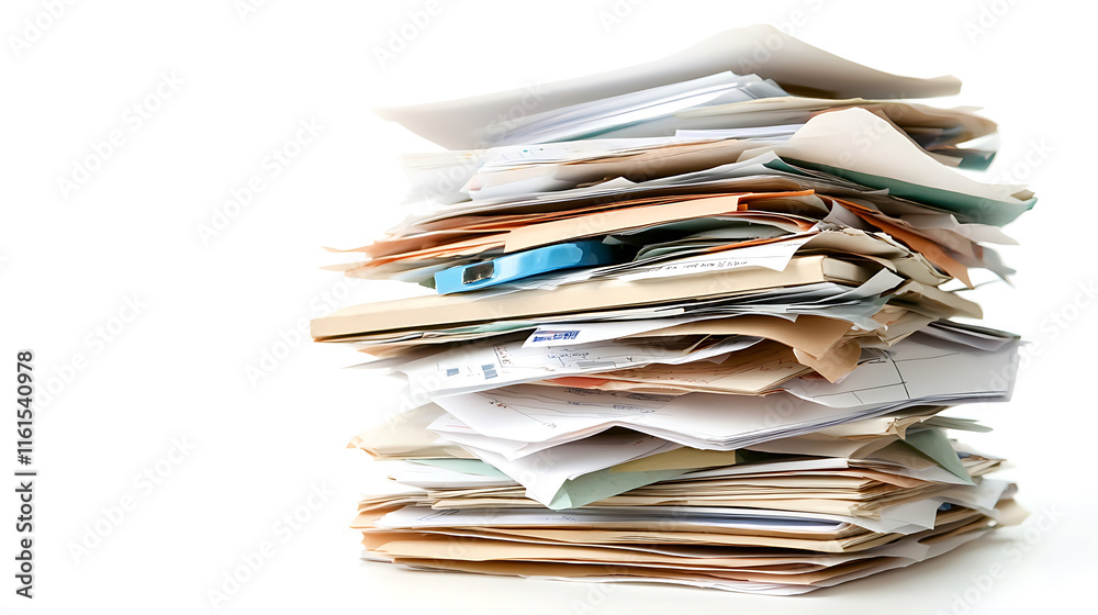 tall stack of disorganized financial documents and papers, showcasing clutter and chaos in office setting tall stack of disorganized financial documents and papers, showcasing clutter and chaos in office setting