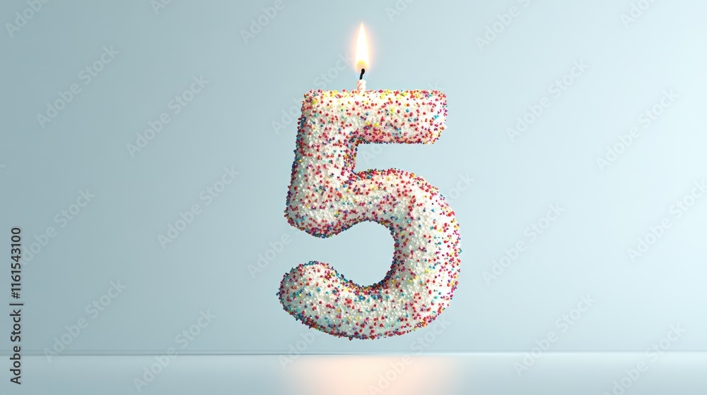 Fototapeta premium Number Five Birthday Cake with Lit Candle on Bright Background