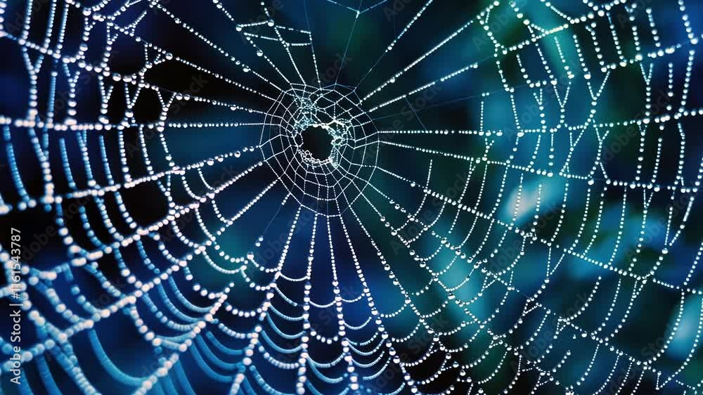 A macro photograph of a spiders web highlighting the similarities between the structure of a web and the interconnectedness of particles in the fabric of the universe.