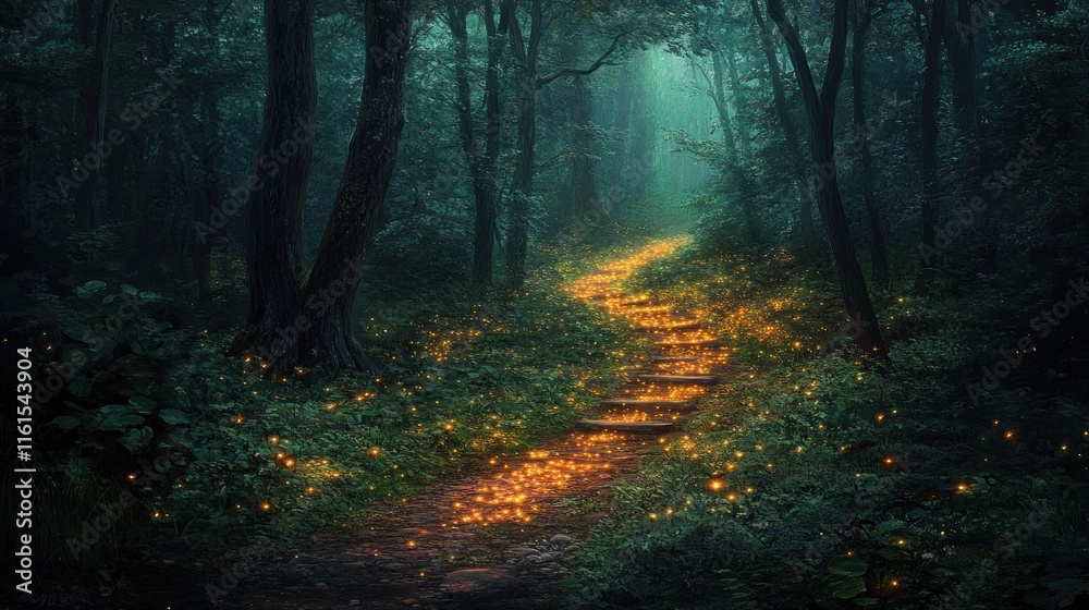 Obraz premium Enchanting forest path with fireflies illuminating stone steps.