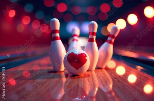 burning pins on a bowling alley, decorated for Valentine's Day, are scattered by white ball with red heart, dynamic image, 3d effect, festive background photo