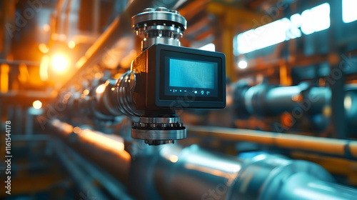 Industrial flow meter sensor on metal pipe measuring liquid or gas flow rate in factory setting