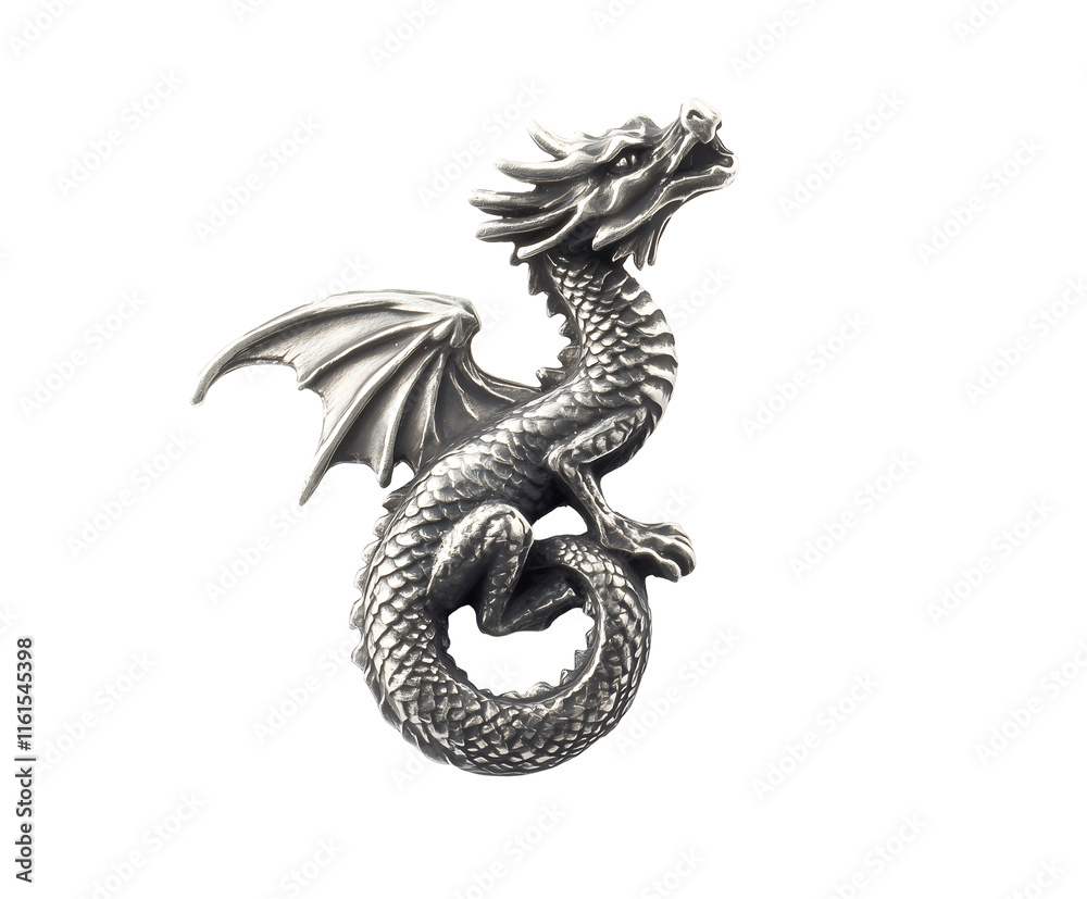 Obraz premium Detailed silver dragon sculpture featuring intricate scales and wings. Isolated on transparent white background, png