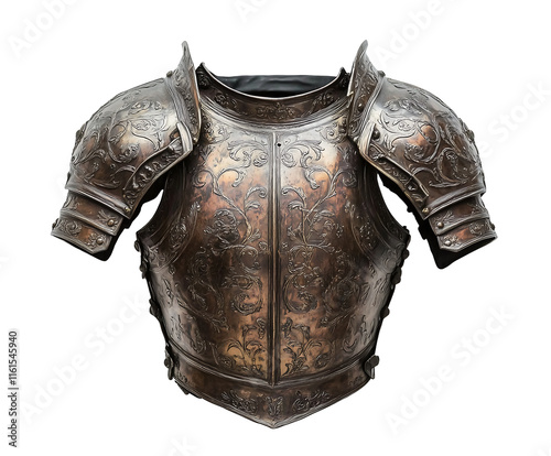 Ornate male armor with intricate engravings and a shiny finish, showcasing craftsmanship and historic design. Isolated on transparent white background, png	

