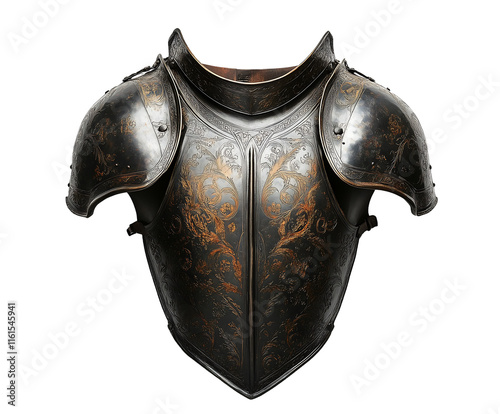 Intricately designed antique breastplate armor showcasing ornate engravings. Isolated on transparent white background, png	
 photo