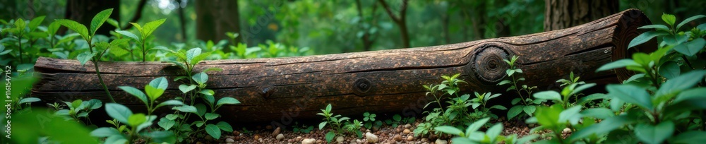 Dense foliage surrounds a weathered wooden log, sunlight filtering, forest floor Dense foliage surrounds a weathered wooden log, sunlight filtering, forest floor