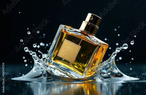 stylish transparent perfume bottle in water, splashing, dark background, product shooting, copy space, mock up photo