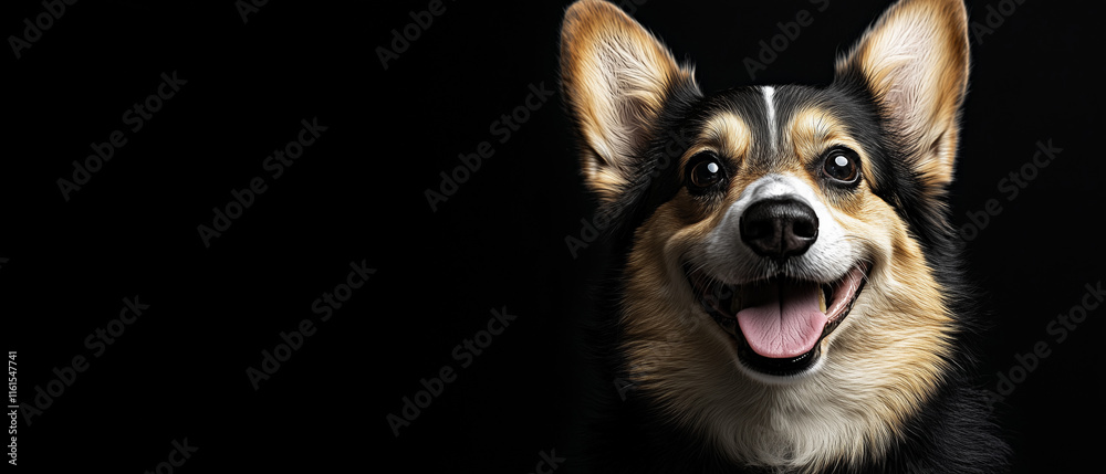 Obraz premium Banner com um Corgi feliz em um fundo preto.