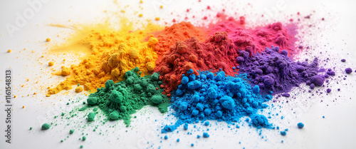 Colorful powdered Holy  pigments arranged on a white background photo