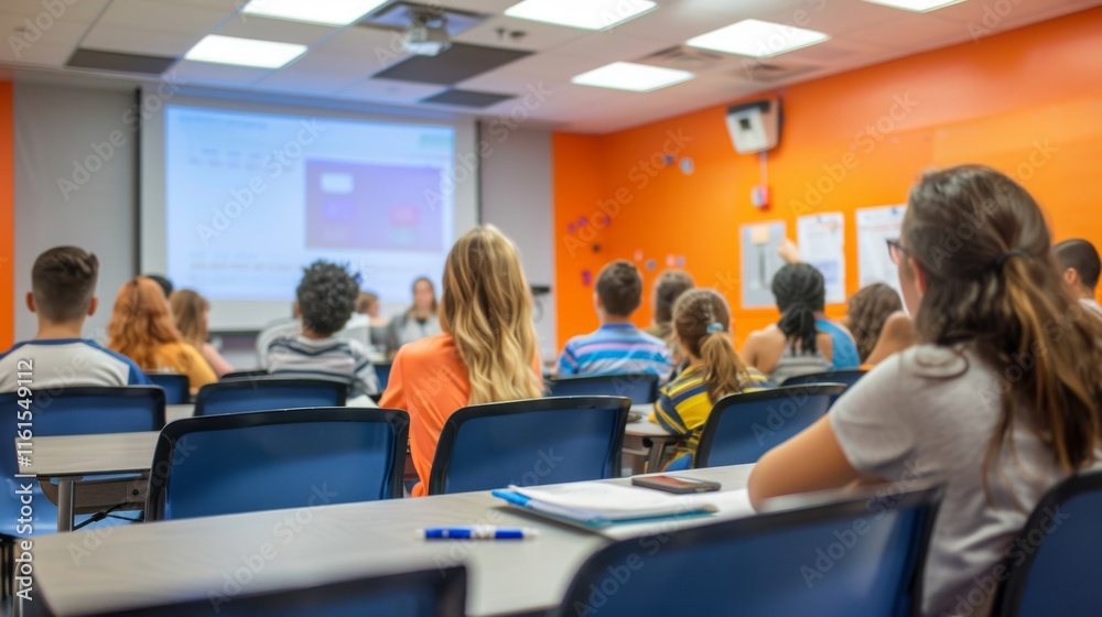Students attending a lecture in a modern classroom with projector for educational and presentation-based campaigns.
Students attending a lecture in a modern classroom with projector for educational and presentation-based campaigns.