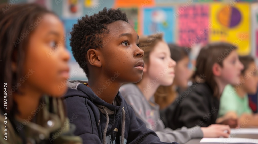 Diverse students attentively learning in a colorful classroom for education and inclusivity-focused campaigns.
Diverse students attentively learning in a colorful classroom for education and inclusivity-focused campaigns.