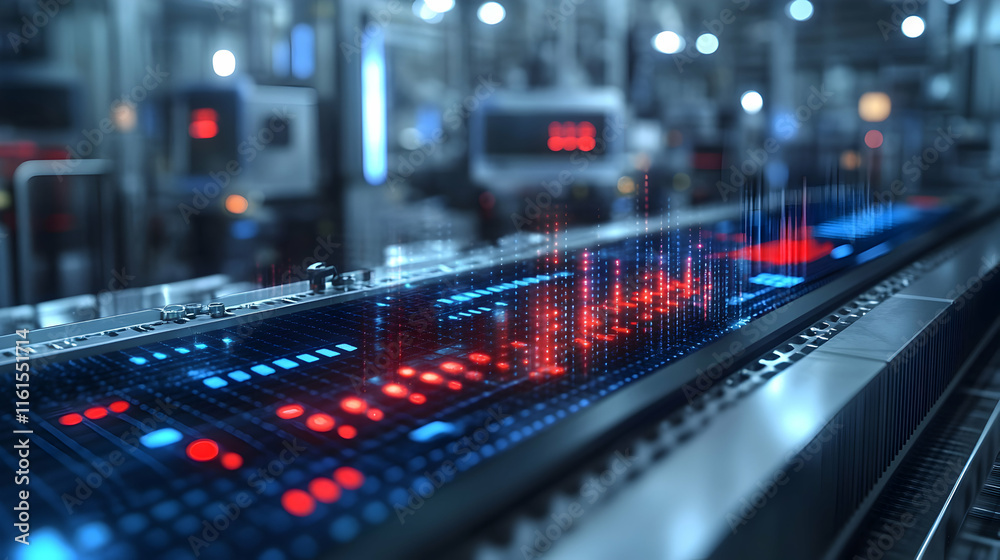 Futuristic Industrial Conveyor Belt with Data Visualization 3D Render Futuristic Industrial Conveyor Belt with Data Visualization 3D Render