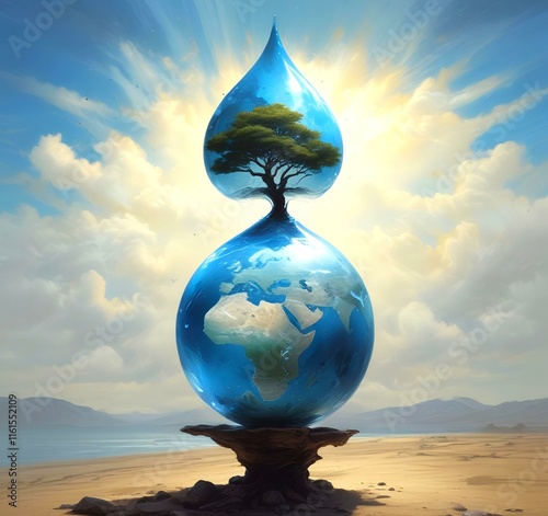 Illustration of environemnt protection with earth illustrated in water drop. photo