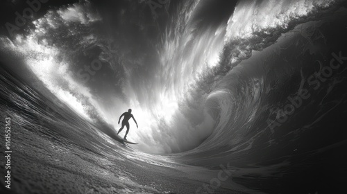 Surfer riding a massive wave, monochrome.