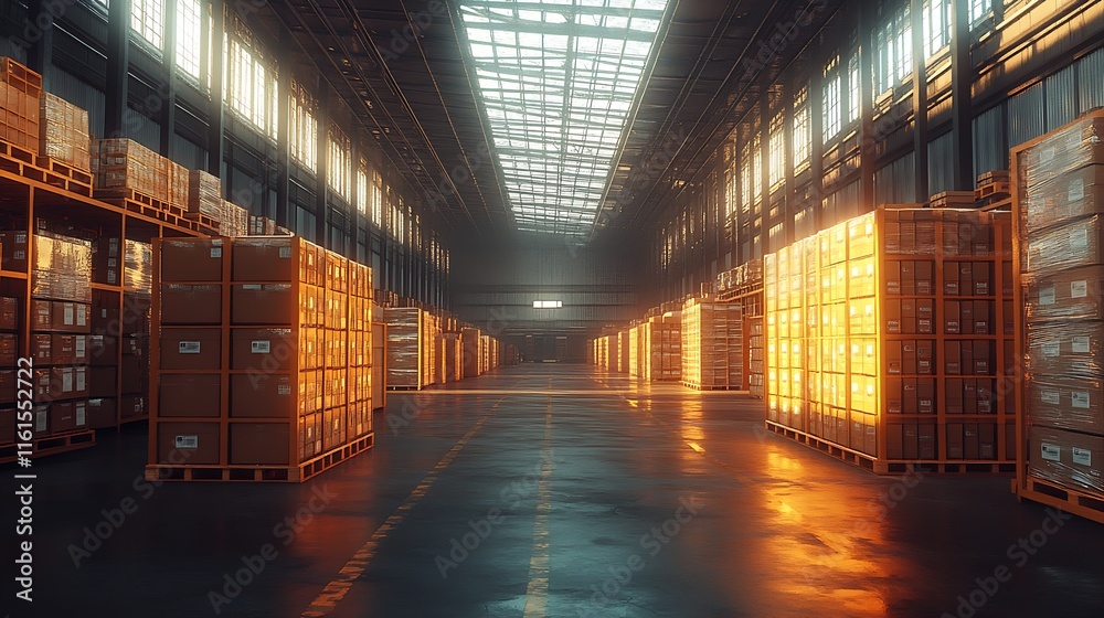 Spacious Industrial Warehouse with Shelves and Natural Light Beaming Through Ceiling Windows : Generative AI Spacious Industrial Warehouse with Shelves and Natural Light Beaming Through Ceiling Windows : Generative AI