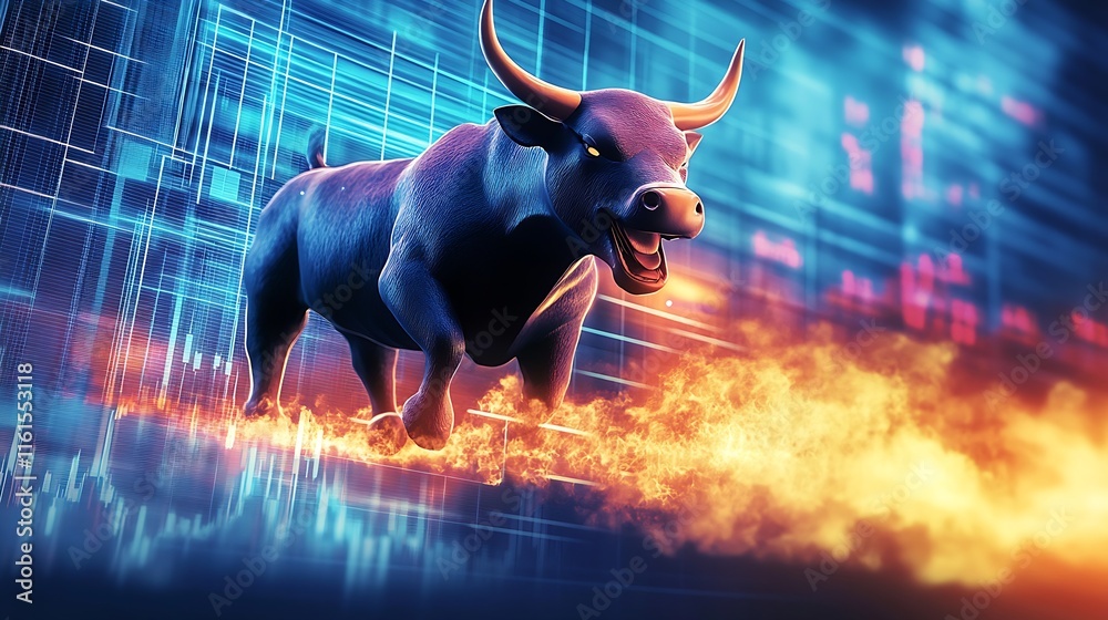 custom made wallpaper toronto digitalPowerful Bull in Fiery Charge Amidst Financial Growth Charts and Data : Generative AI