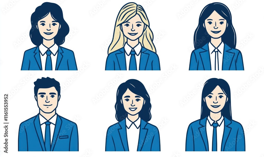 Six diverse business professionals in blue suits, avatars. Six diverse business professionals in blue suits, avatars.