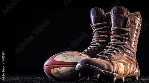 Worn rugby boots and ball on dark background.