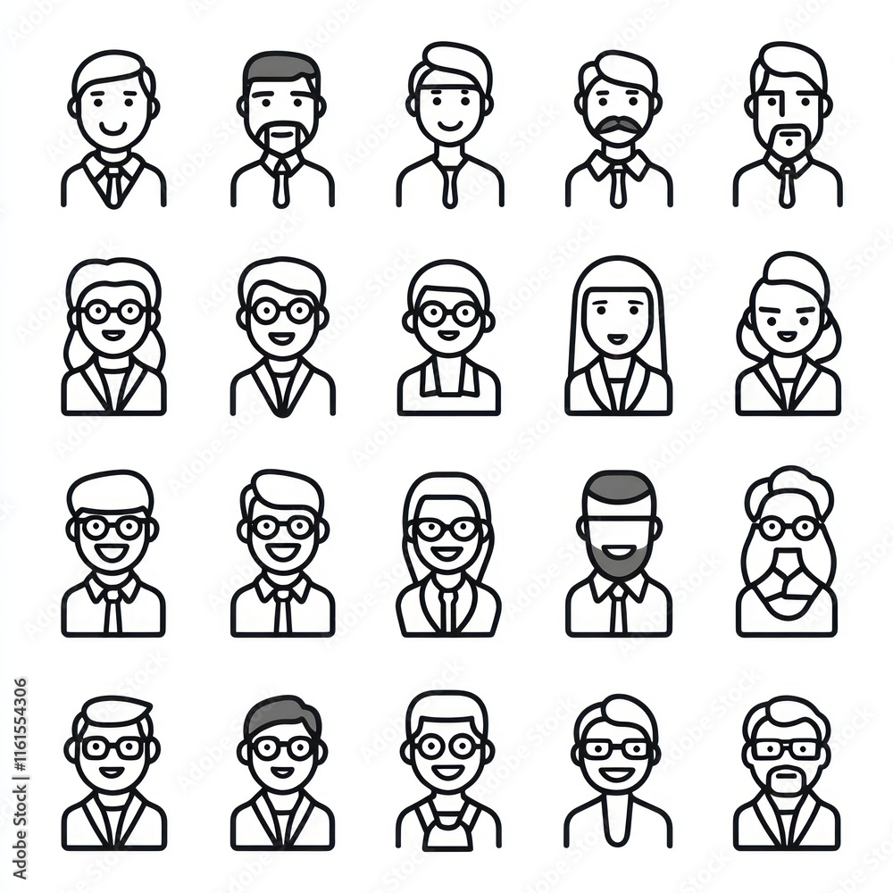 Set of diverse male and female avatars with thick outline. Set of diverse male and female avatars with thick outline.