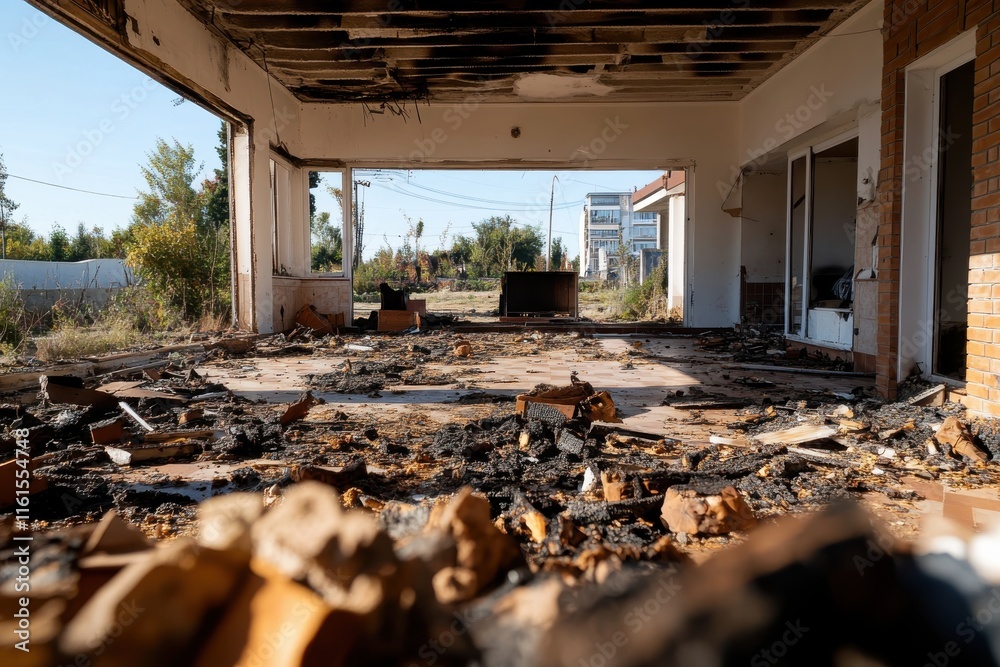 An image depicting the stark reality of a fire-ravaged living room, filled with charred remnants and debris, encapsulating the feelings of loss and destruction.