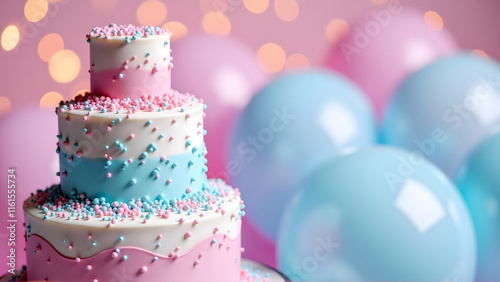 Colorful baby shower background boy or girl gender reveal party 3-tier cake with pink and blue balloons. Bright pastel colors and bokeh background. photo