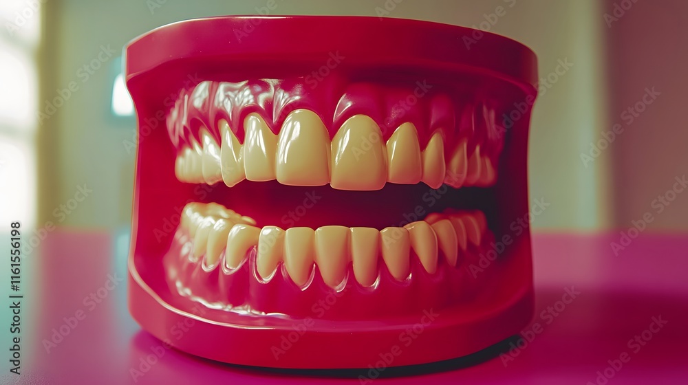 Obraz premium Close-up of a plastic model of a human jaw with healthy-looking teeth. The model is vibrant pink and sits on a pink surface.