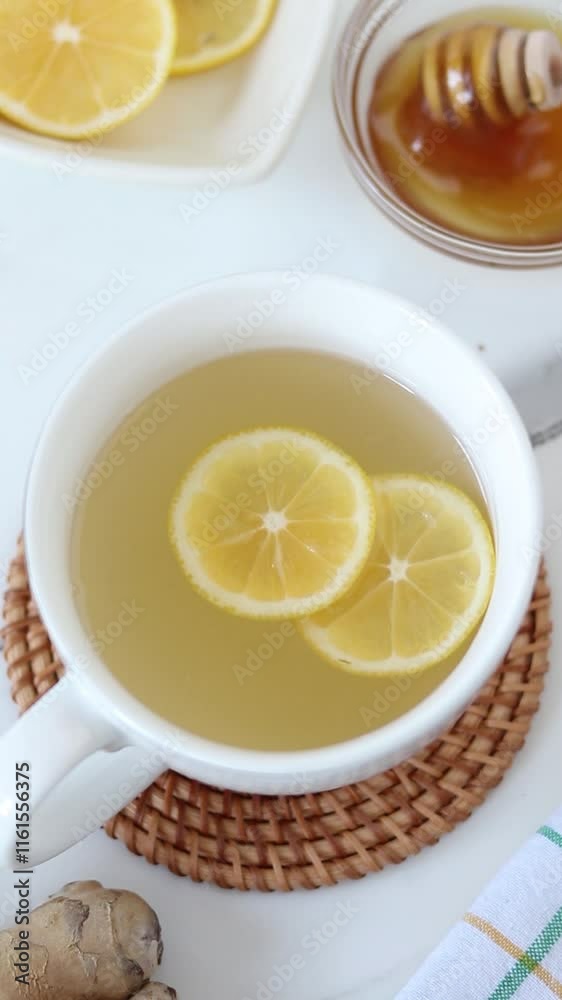 Cup of tea with lemon, ginger, and honey on white marble table. Vertical video. Top view. Cup of tea with lemon, ginger, and honey on white marble table. Vertical video. Top view.