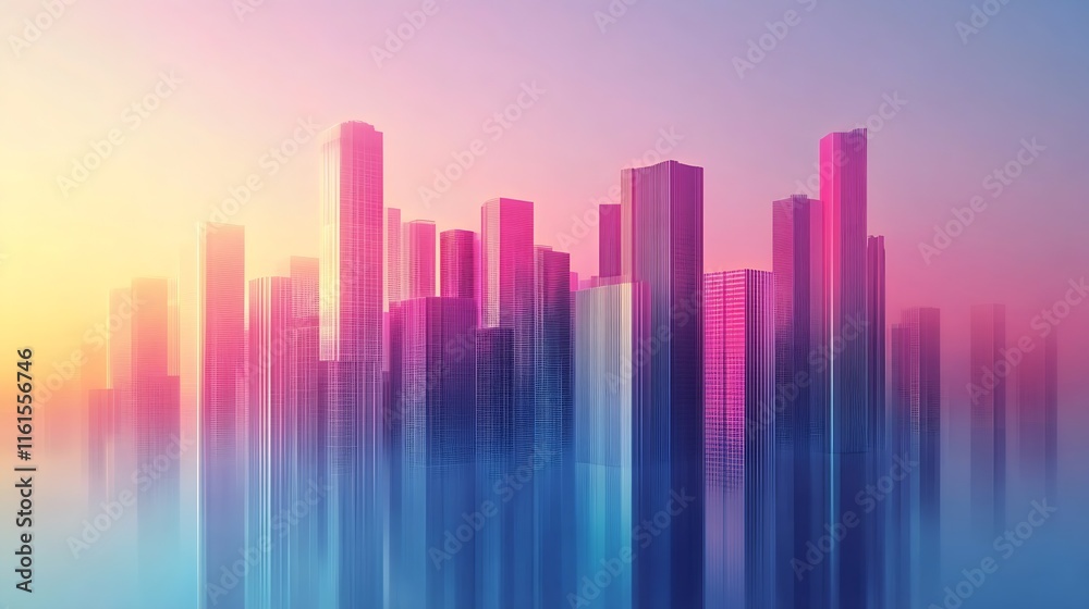 Vivid City Skyline at Sunset with Gradient Colors and Reflective Skyscrapers : Generative AI Vivid City Skyline at Sunset with Gradient Colors and Reflective Skyscrapers : Generative AI